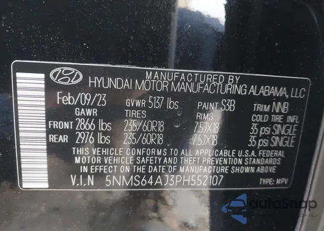 2023 Hyundai Santa Fe Xrt из США, поврежденный, VIN 5NMS64AJ3PH552107